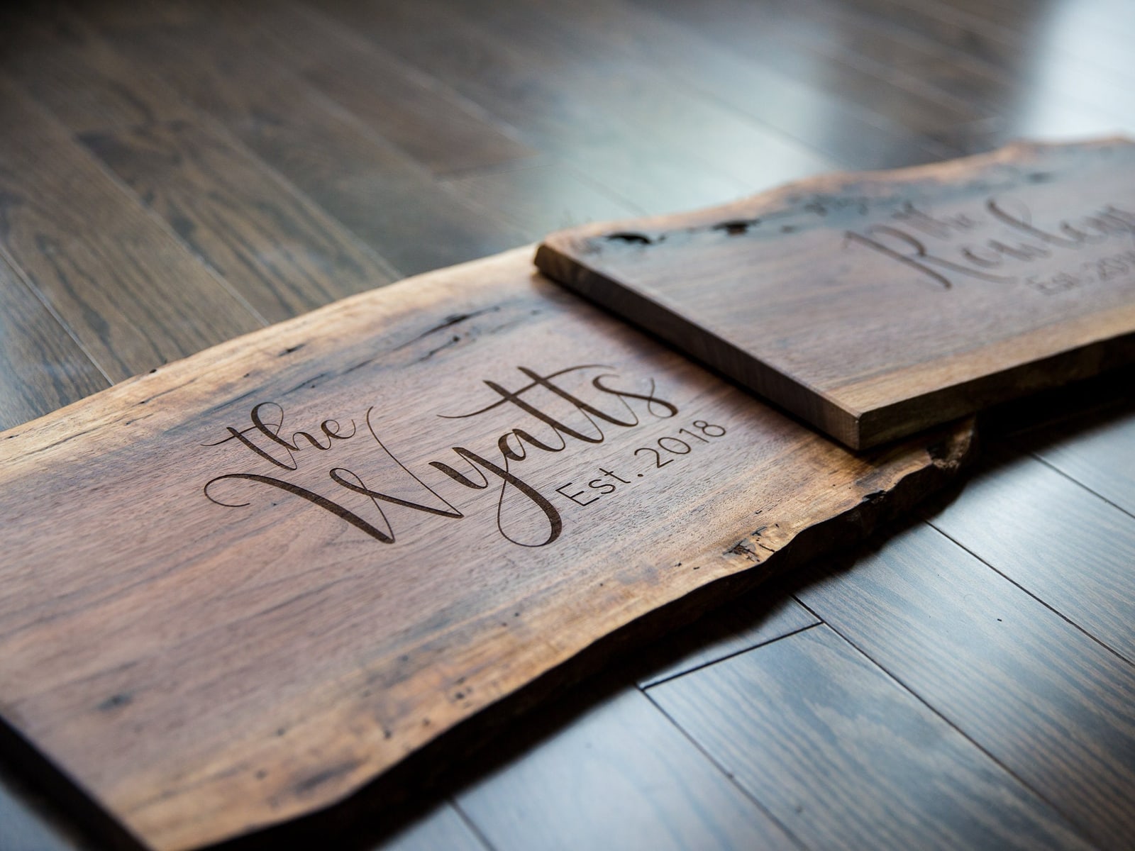 Custom wood sign shown at an angle for size and surface detail
